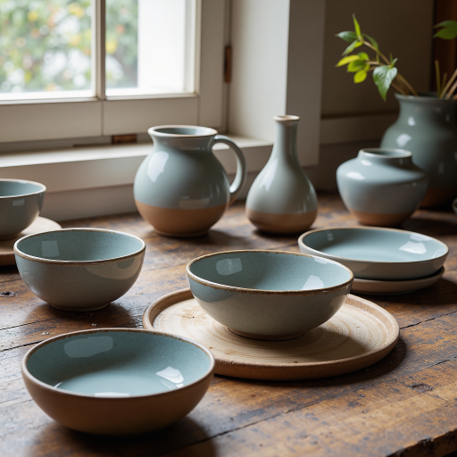 手工陶瓷餐具套装,包含碗盘杯,米白色釉面,自然纹理,搭配木质托盘