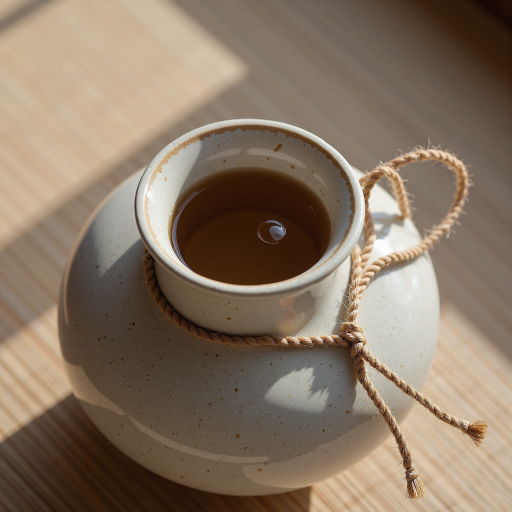 手工制作的陶瓷茶壶,米白色釉面,简洁线条设计,搭配竹制茶漏,自然光线